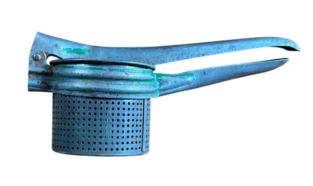 Vintage 1950s Metal Potato Ricer Green Handle Mid Century Modern Kitchen Tool